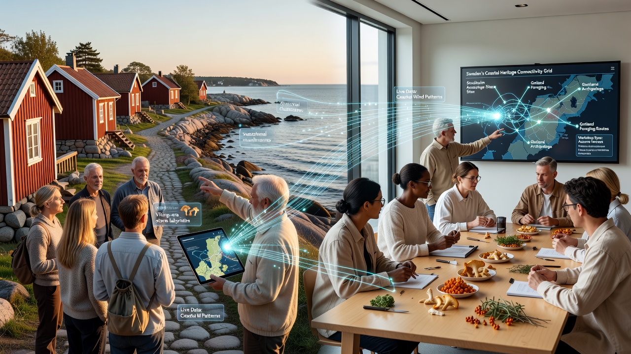 Group engaged in a coastal foraging workshop near historic Swedish boathouses