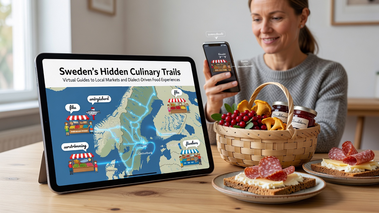 Local Swedish market scene with vendors displaying regional cheeses and breads alongside dialect explanation overlays