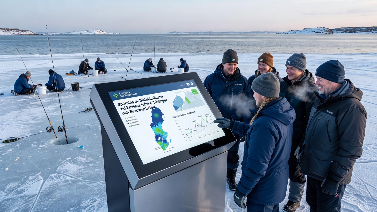 Visitor workshop on coastal dialect patterns during ice fishing preparation in Sweden